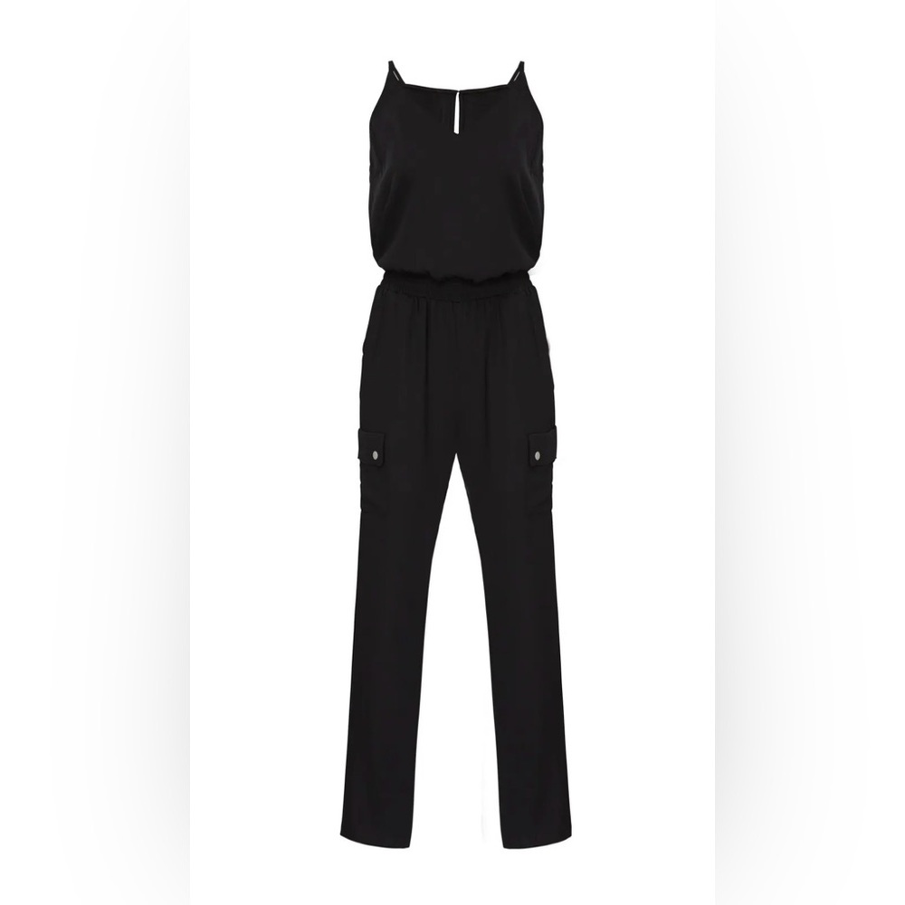 Amanda Uprichard Black Crepe Utility Jumpsuit Cargo Pocket V-Neck S